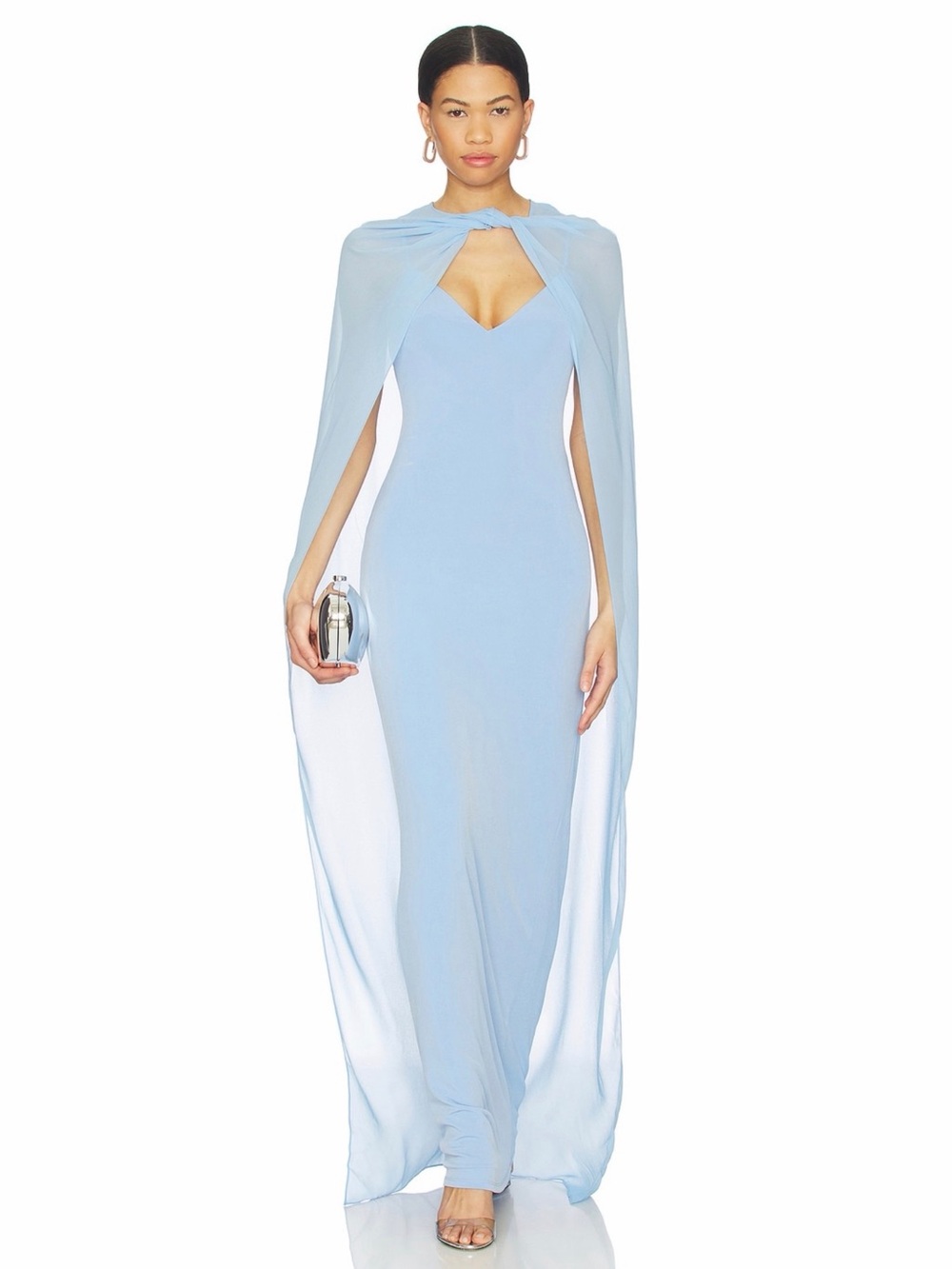 Lovers + Friends Revolve Clarissa Light Blue Cape Shawl Wedding Guest Gown M NWT